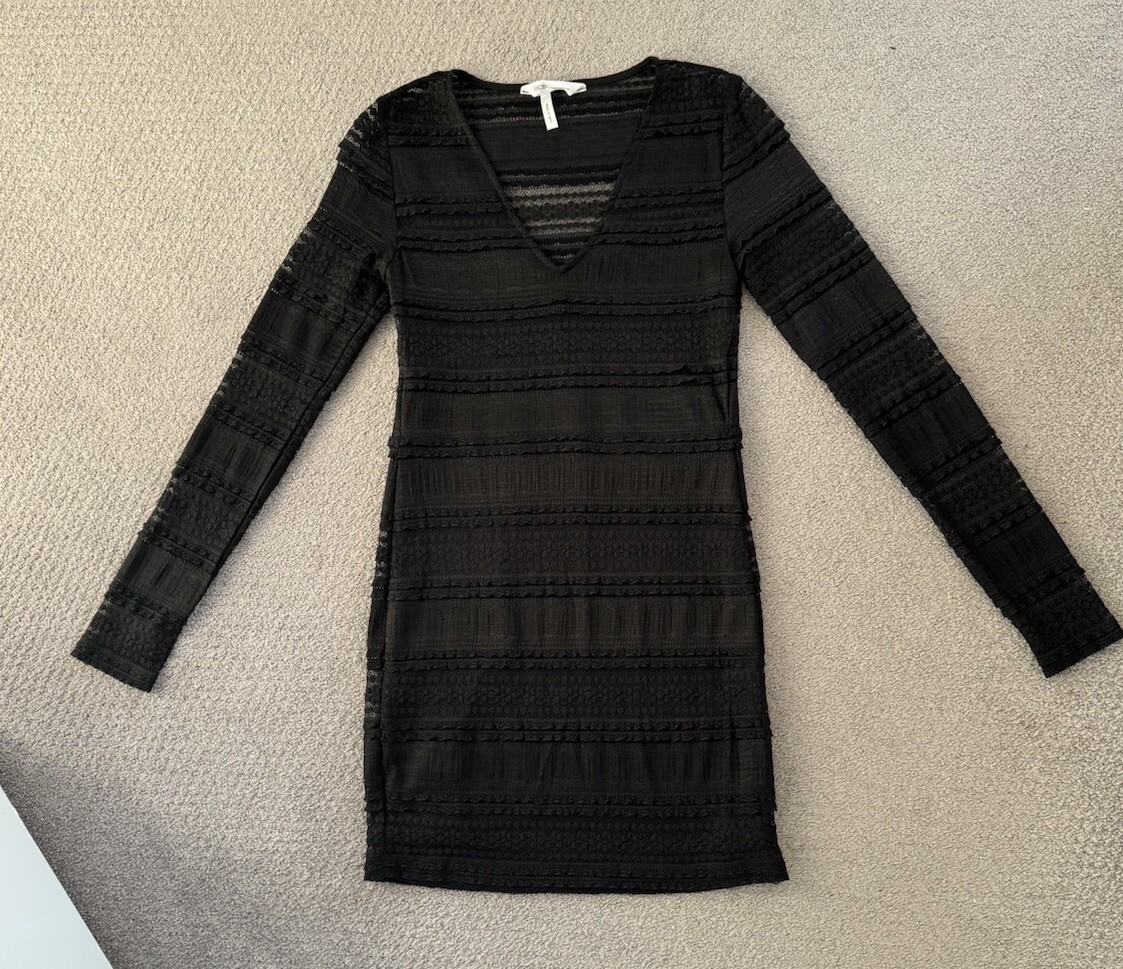 BCBGeneration Dress Womens Sheer Striped Lace Crochet Long Sleeve V Neck Black S