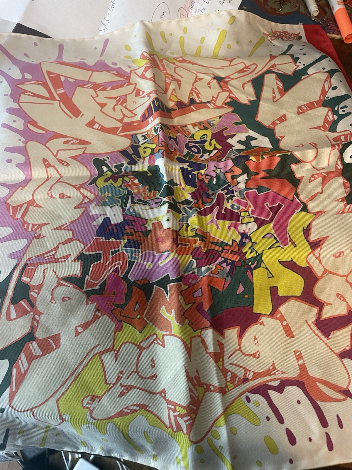 RARE Hermes Carre 42cm MINI Scarf  Kongo Graffiti Silk Multicolor-red 16.5\