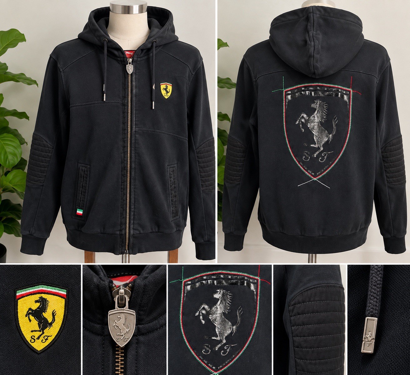 Authentic Men’s Ferrari Black Zip Up Hoodie with Embroidered Logo