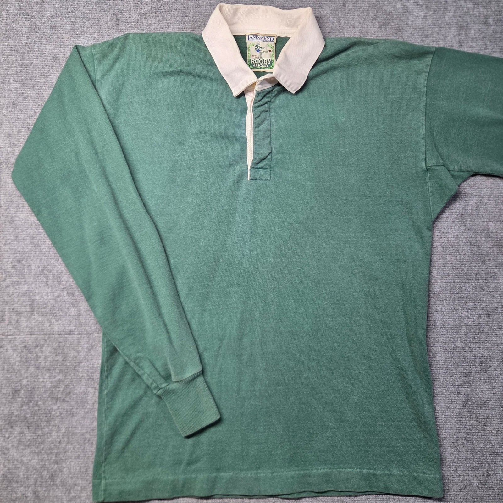 Vintage Lands End Rugby Jersey Mens Forest Green Long Sleeve Cotton Polo Shirt