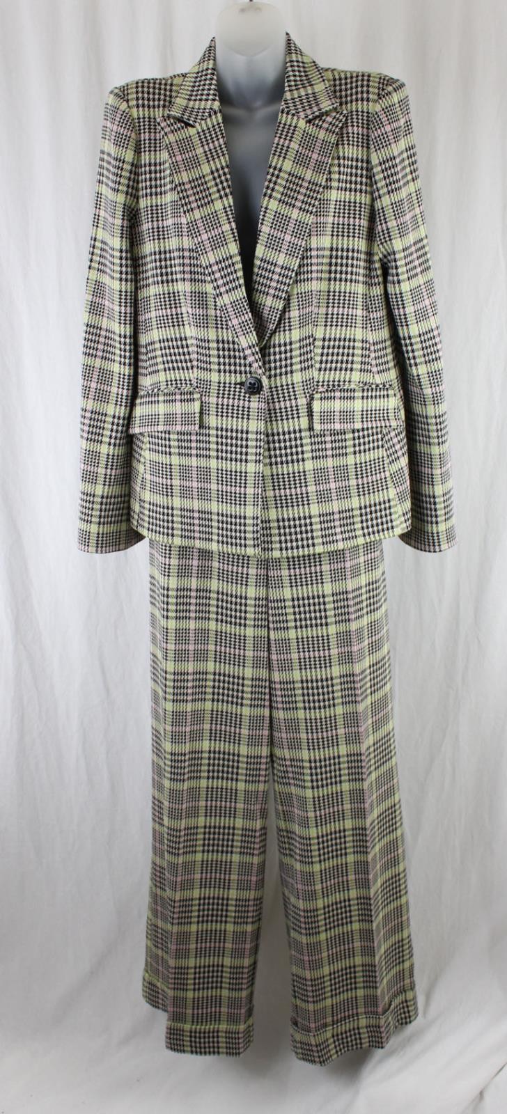 Trina Turk Women\'s Green Black Pink Print Wide Leg Pant Suit Size 8