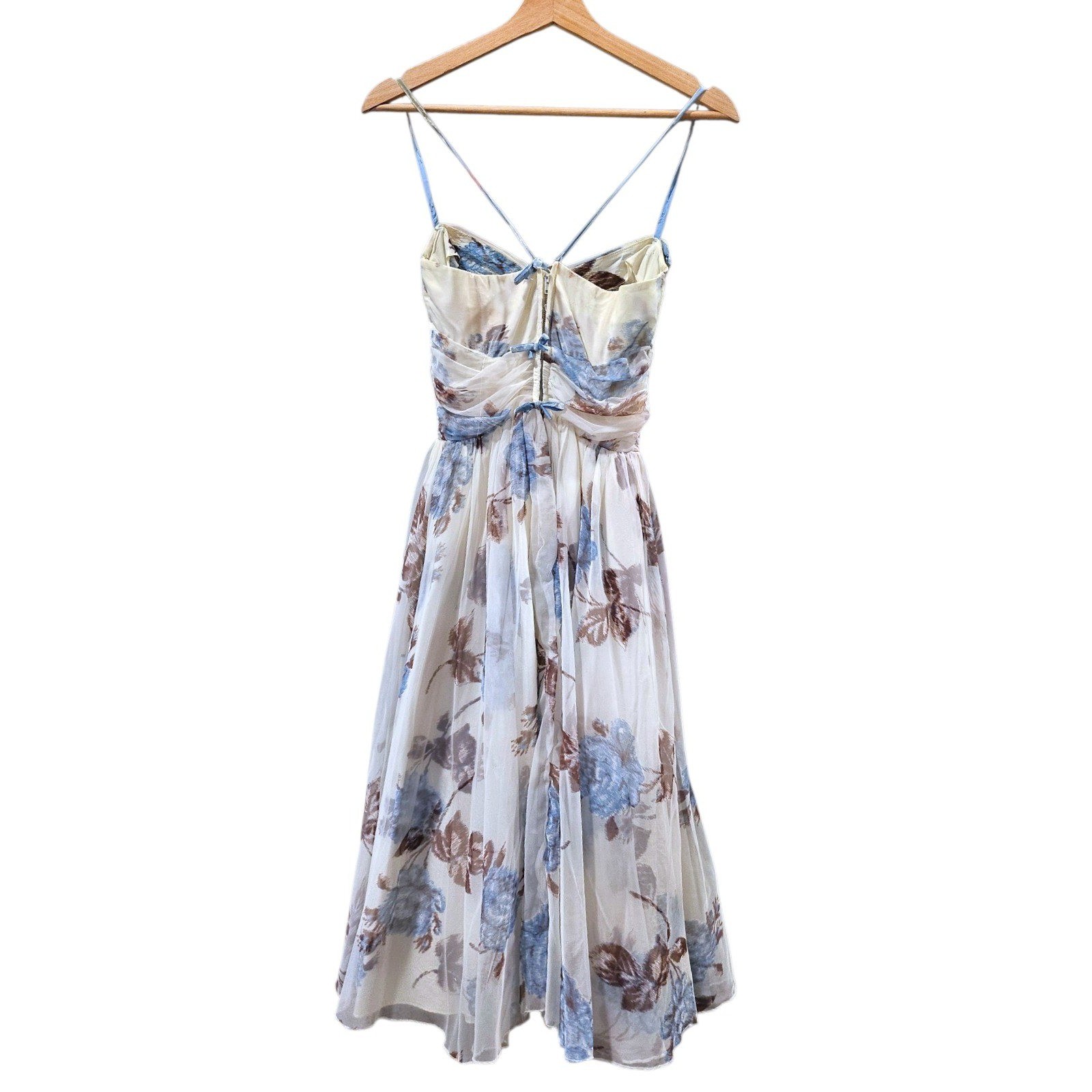 Vintage Lorrie Deb San Francisco Floral Midi Dress Blue White Ruched ILGWU