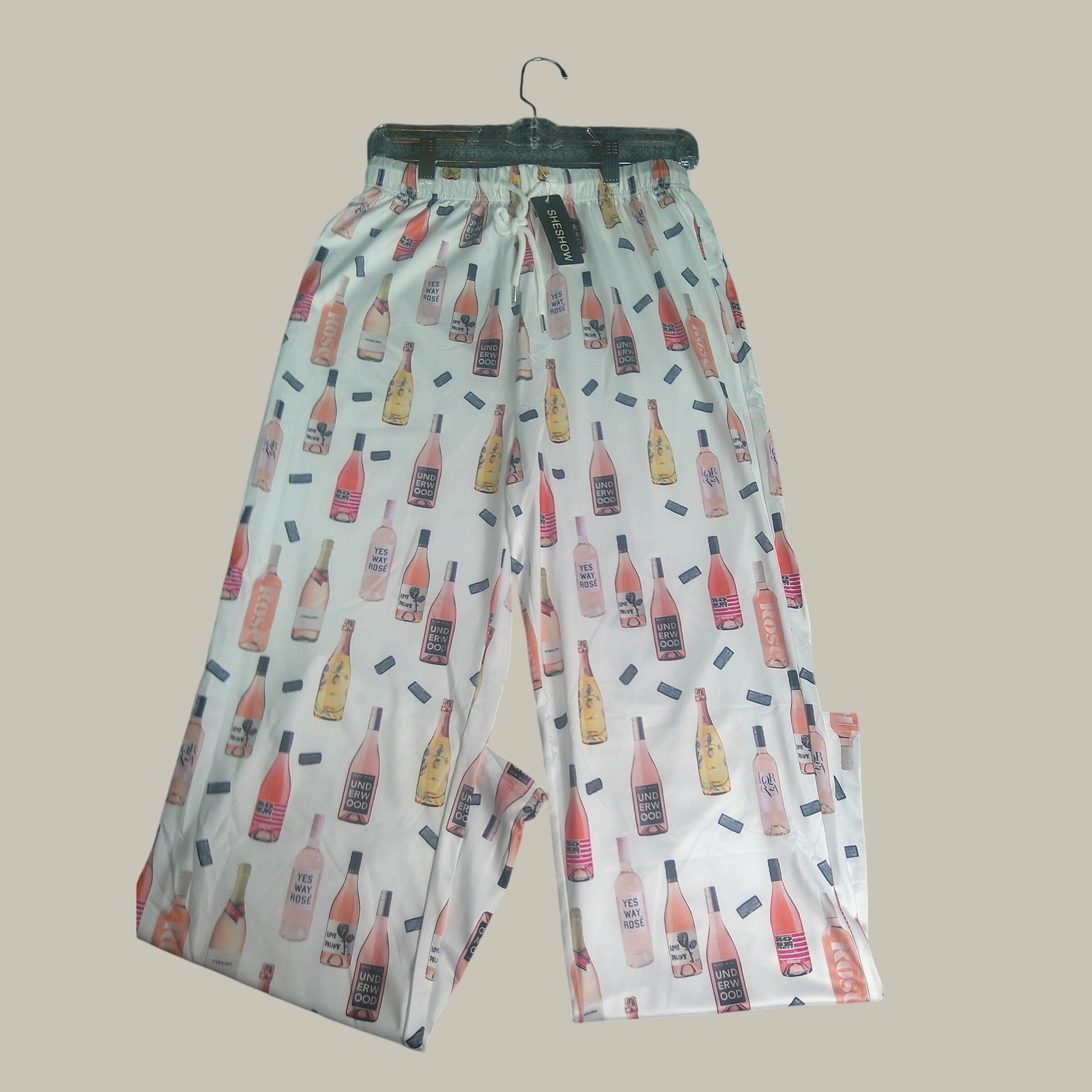 Sheshow Women\'s Wine Bottle Print Pajama Pants White Pink Size Small NWT