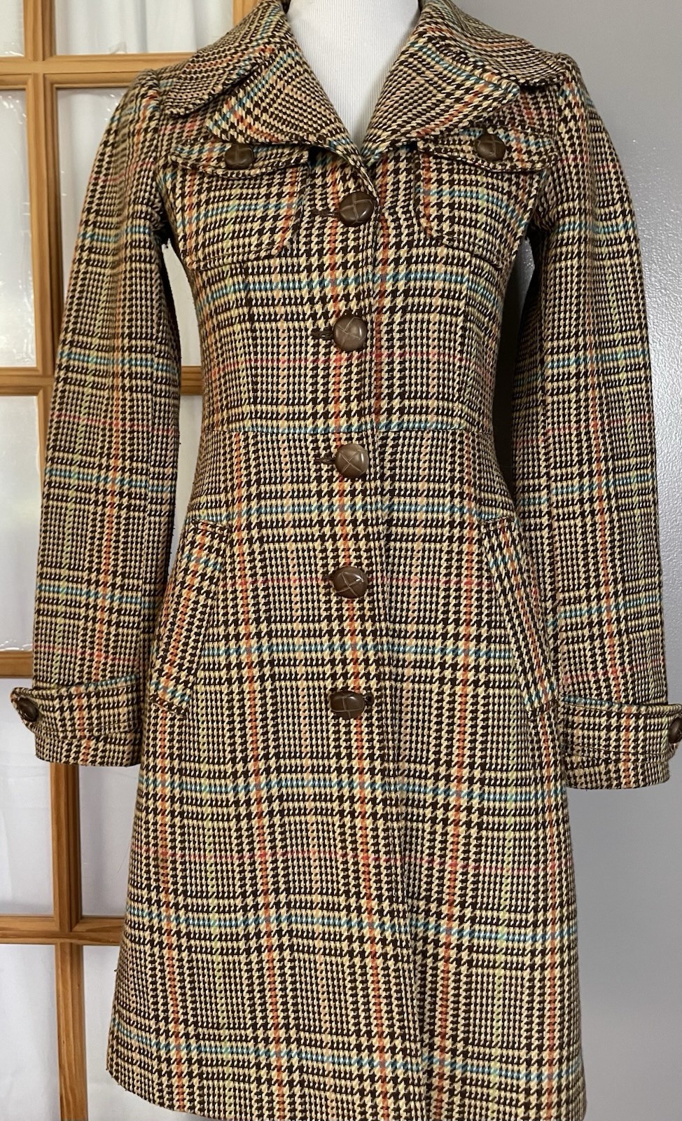 Divided H&M Wool Blend Trench Coat Womens 4 Houndstooth Beige Orange Classic
