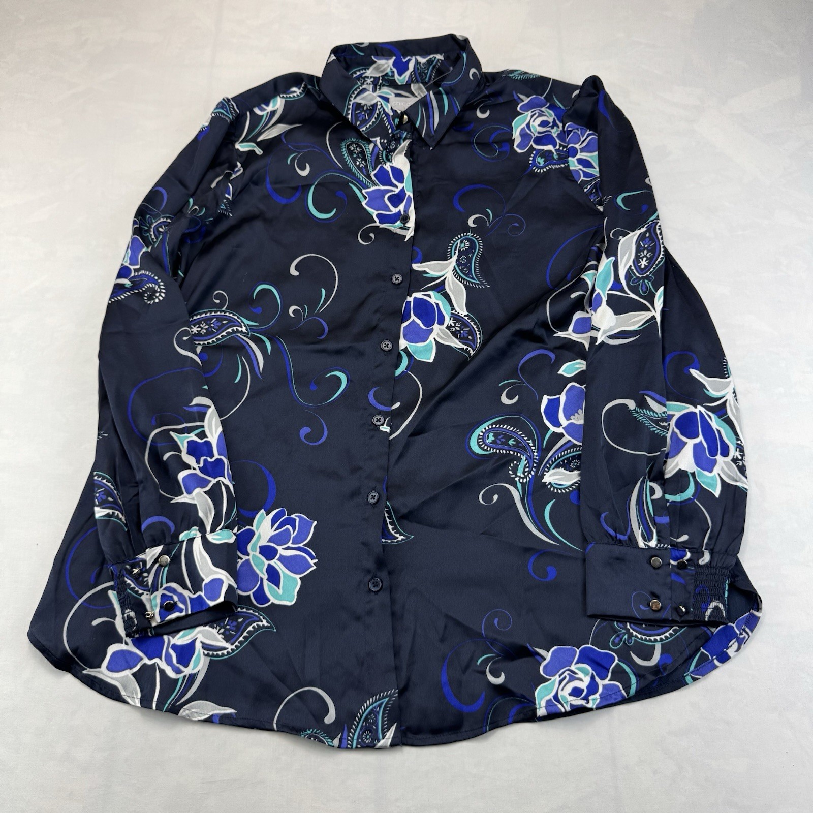 Chico’s NWT Floral Paisley Tunic Blouse Long Sleeve Blue US Large