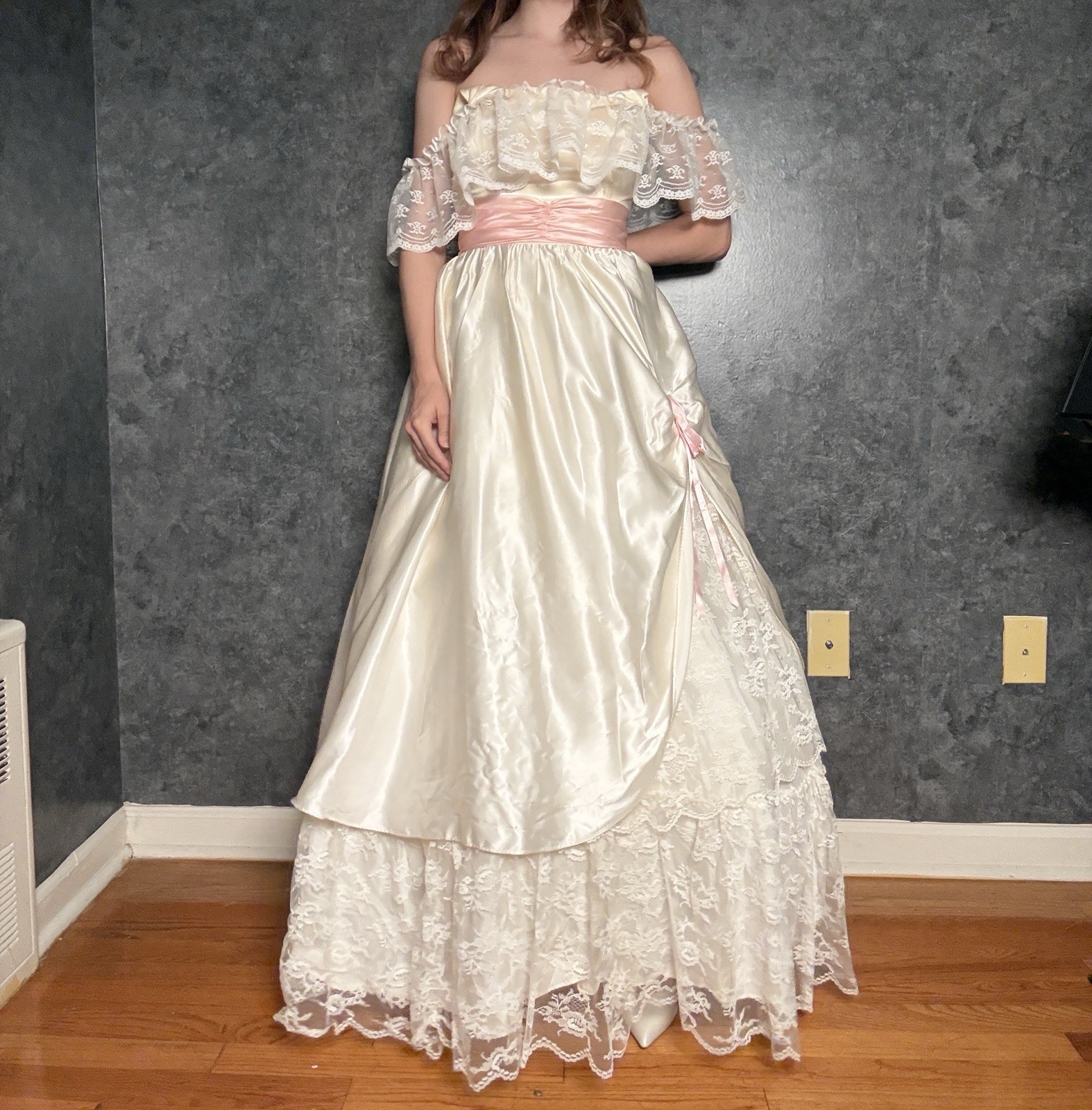 Vintage 70s Off the Shoulder Lace & Satin Wedding Dress | Pink Sash Prairie | 4