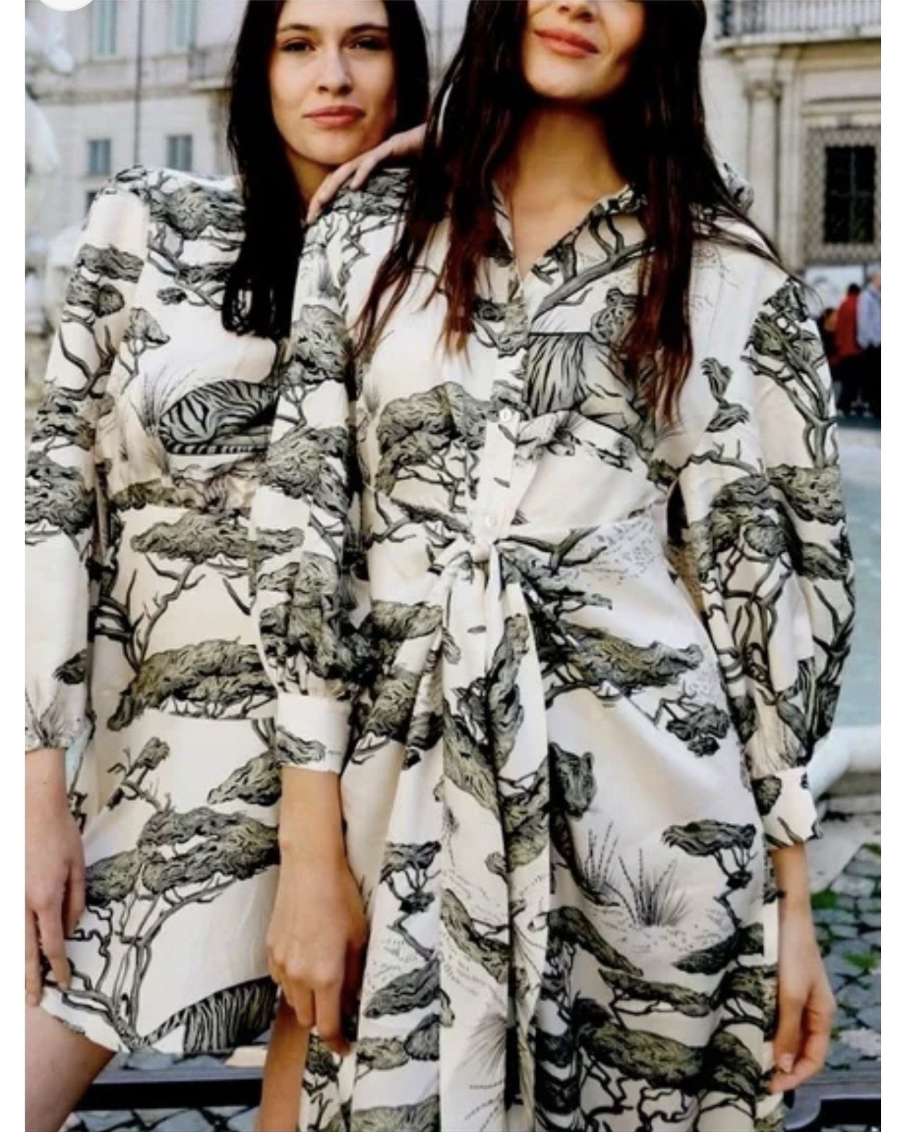 NWT Las Sureñas Safari Ivory Button Tie Front Balloon Sleeve 100% Silk Dress M