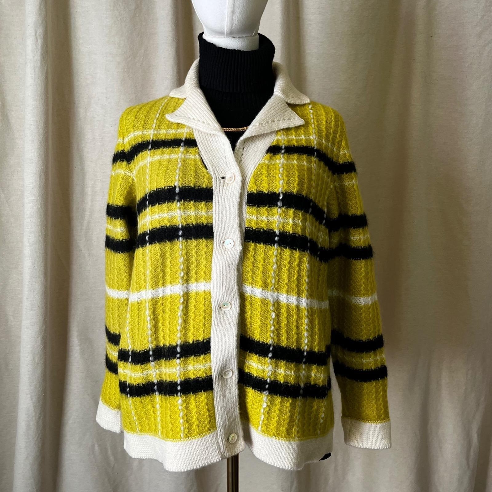Vintage 1960s Selma Milano Mohair Plaid Cardigan Sweater Yellow Black Large
