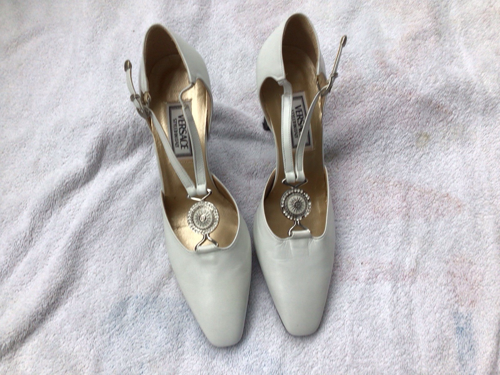 Vintage Versace NEW White Double Strap, Medusa Sunburst Emblem Leather Shoes, 6.