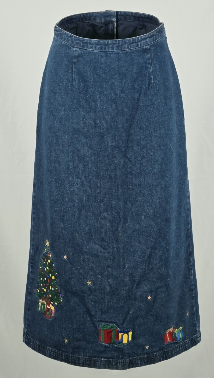 Vtg Y2K Westbound Christmas Embroidered Denim Maxi Skirt Festive Boho Women 12
