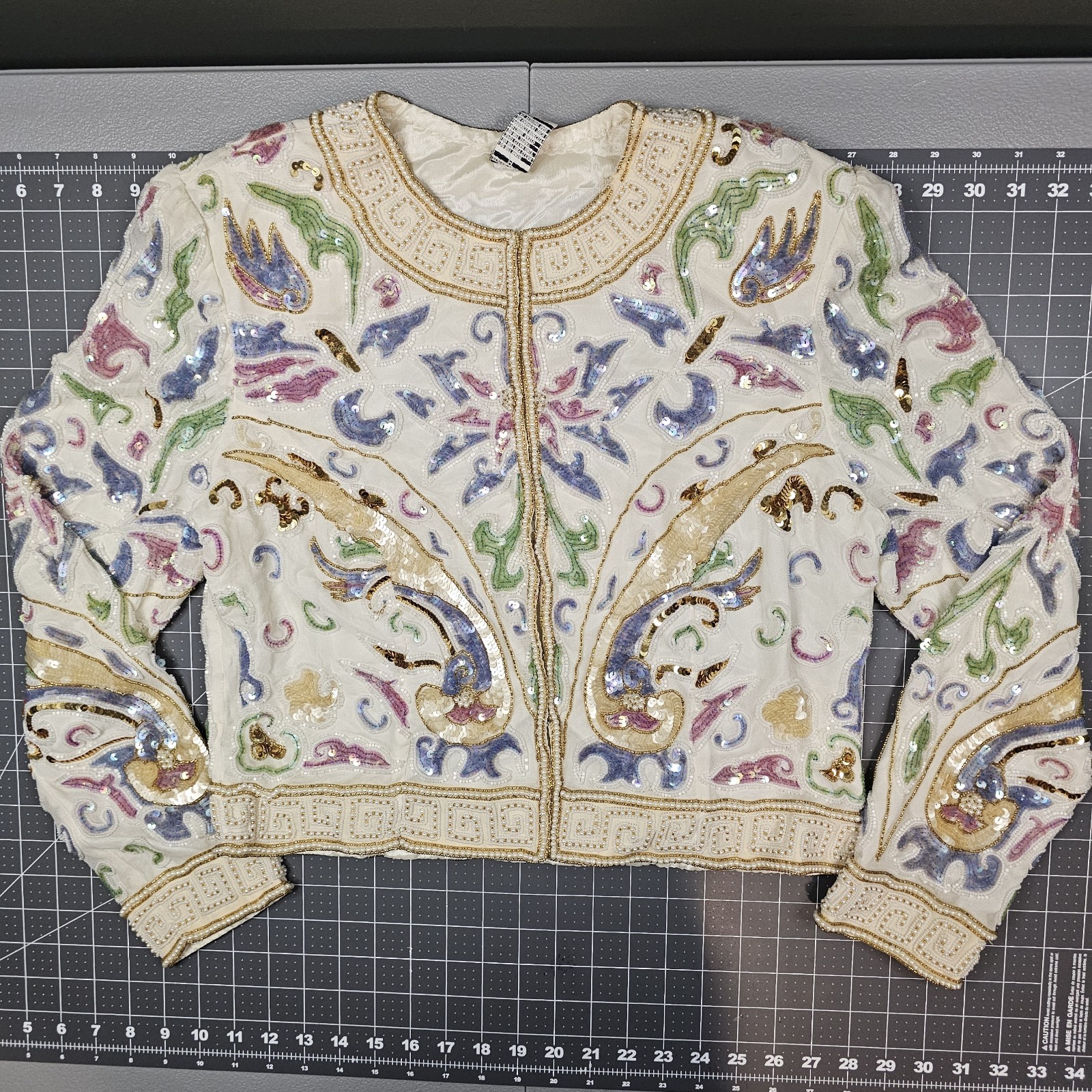 Vintage Paisley Pearl Beaded Sequined Cropped Silk Jacket Medium 80s 90s Couture