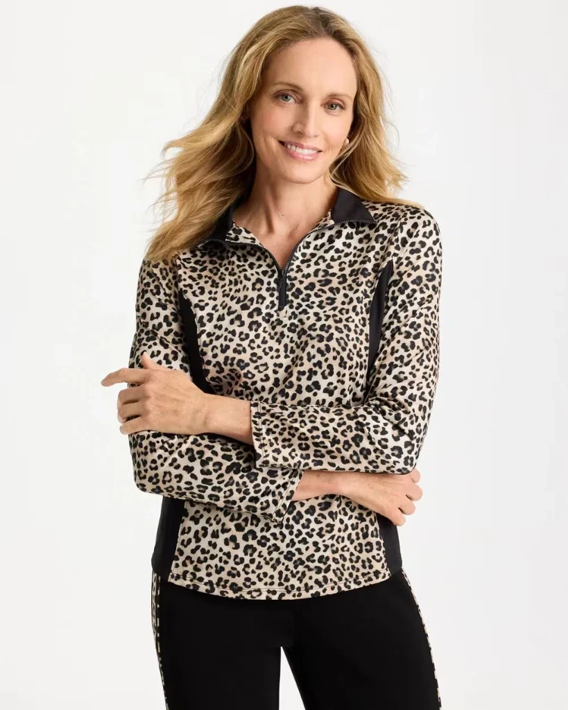 Chico\'s Zenergy® UPF Animal Print Half-Zip Polo NWT $99 50% off $49.00