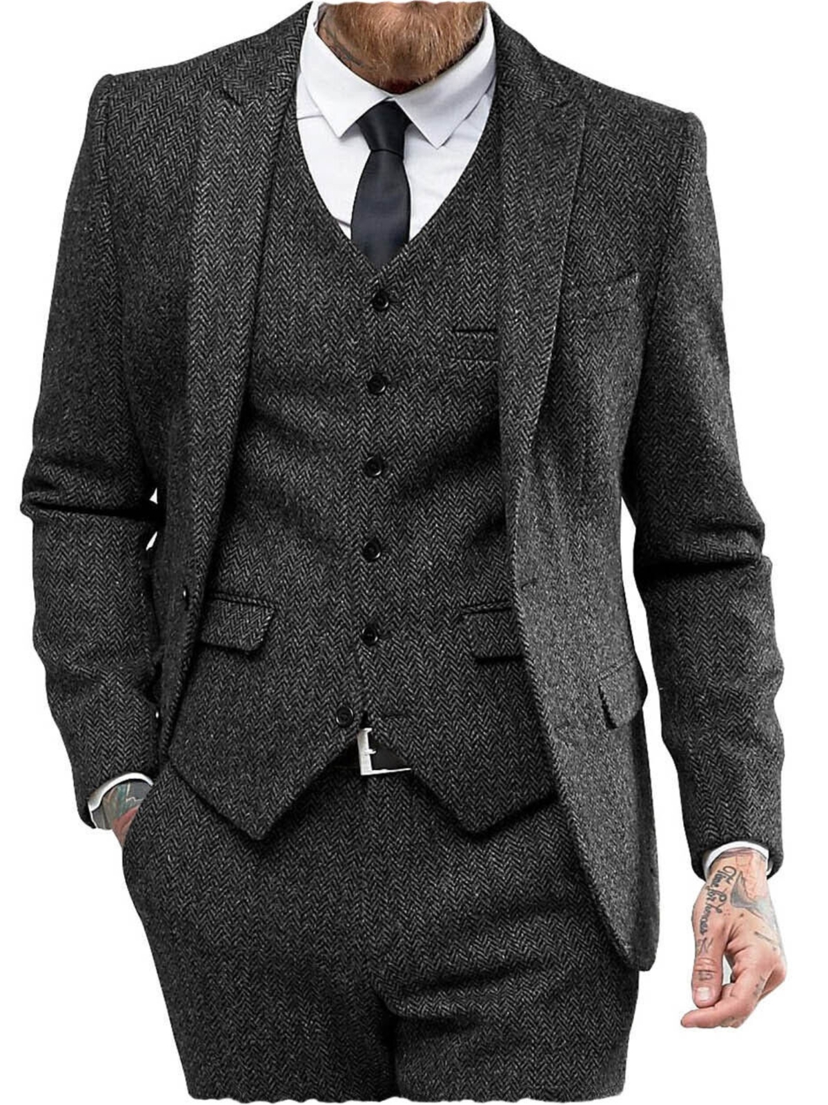 Men\'s 3Pcs Herringbone Tweed Suit Blazer Vest Pants Set Formal Wedding Business