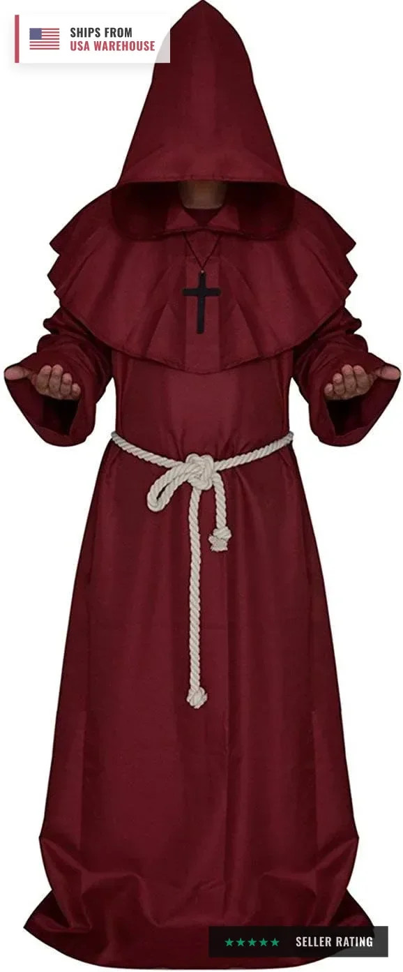 Friar Medieval Hooded Monk Renaissance Priest Robe Costume Cosplay