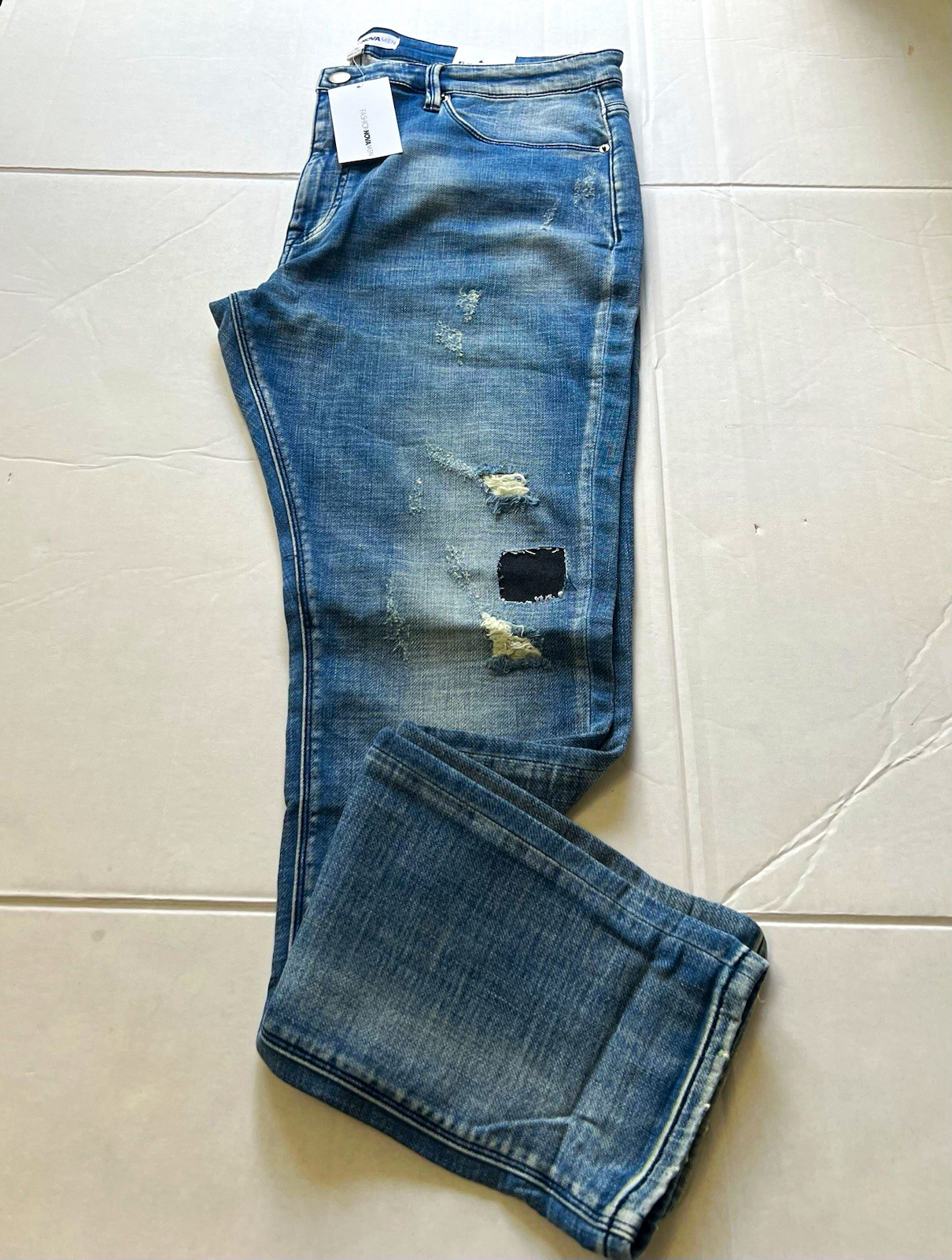 Fashion Nova Men Blue Distressed Skinny Denim Jeans Medium Wash Button NWT