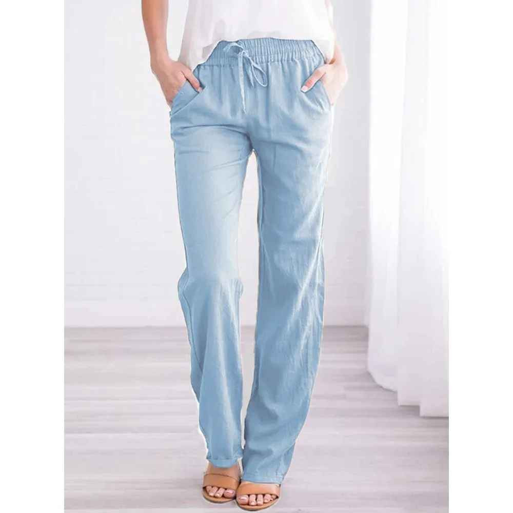Women Cotton Linen Pants Casual Loose Straight Leg Trousers Summer Fashion Gift