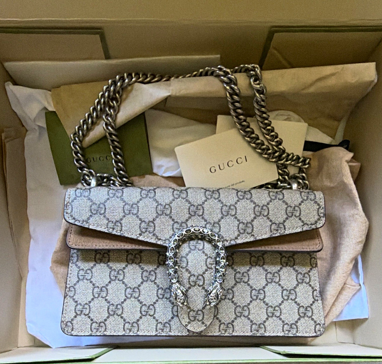 Gucci Dionysus GG Canvas Shoulder Bag Beige/Brown Flap Silver Chain Dust Bag