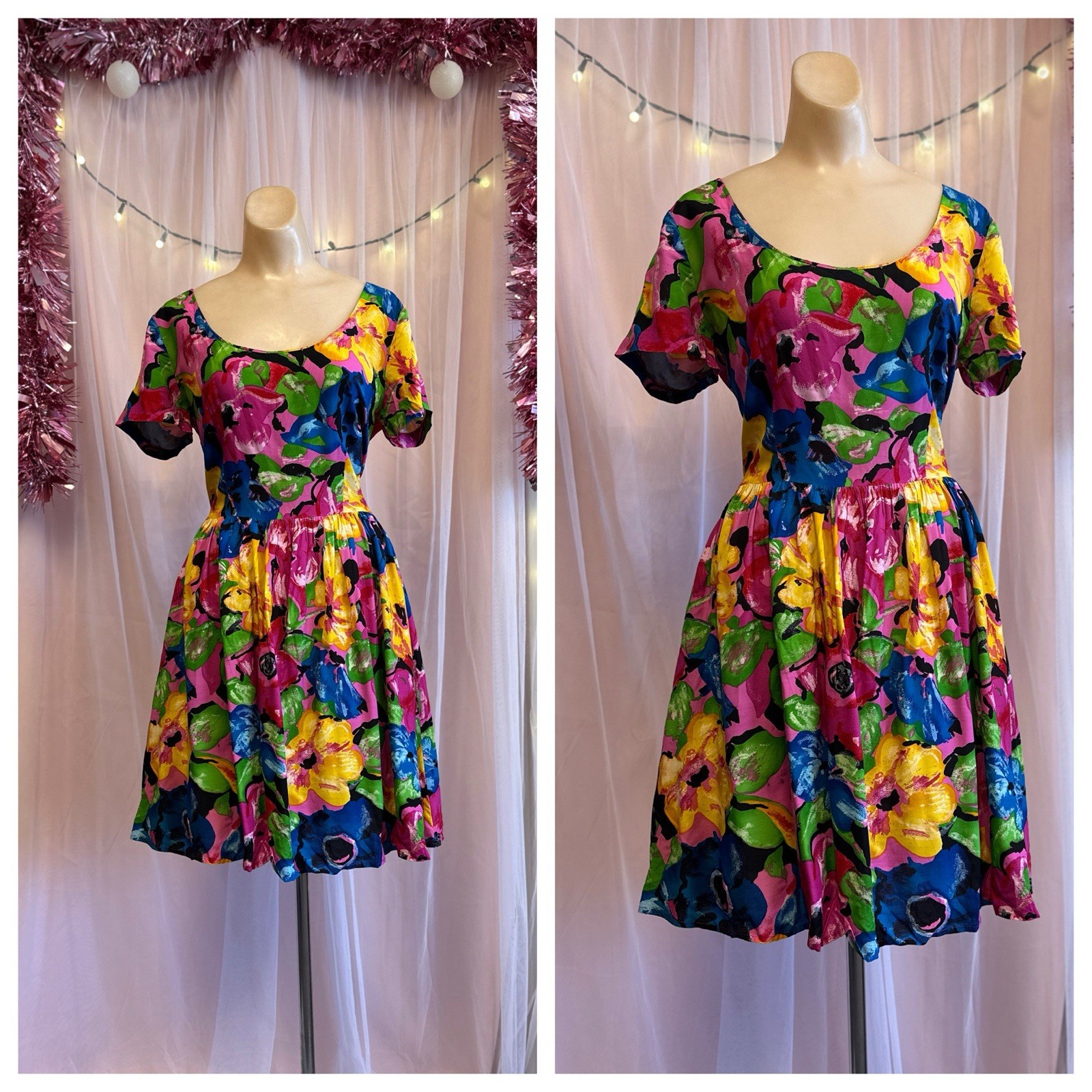 Vintage 80s 90s Floral Print Mini Dress New Wave Maximalist Skater Vibrant M