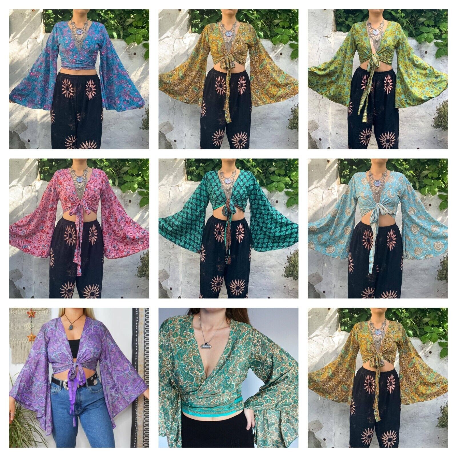 Wholesale 5 Pc Indian Vintage Silk Sari Bell Sleeve Crop Top Retro 60s Clothing