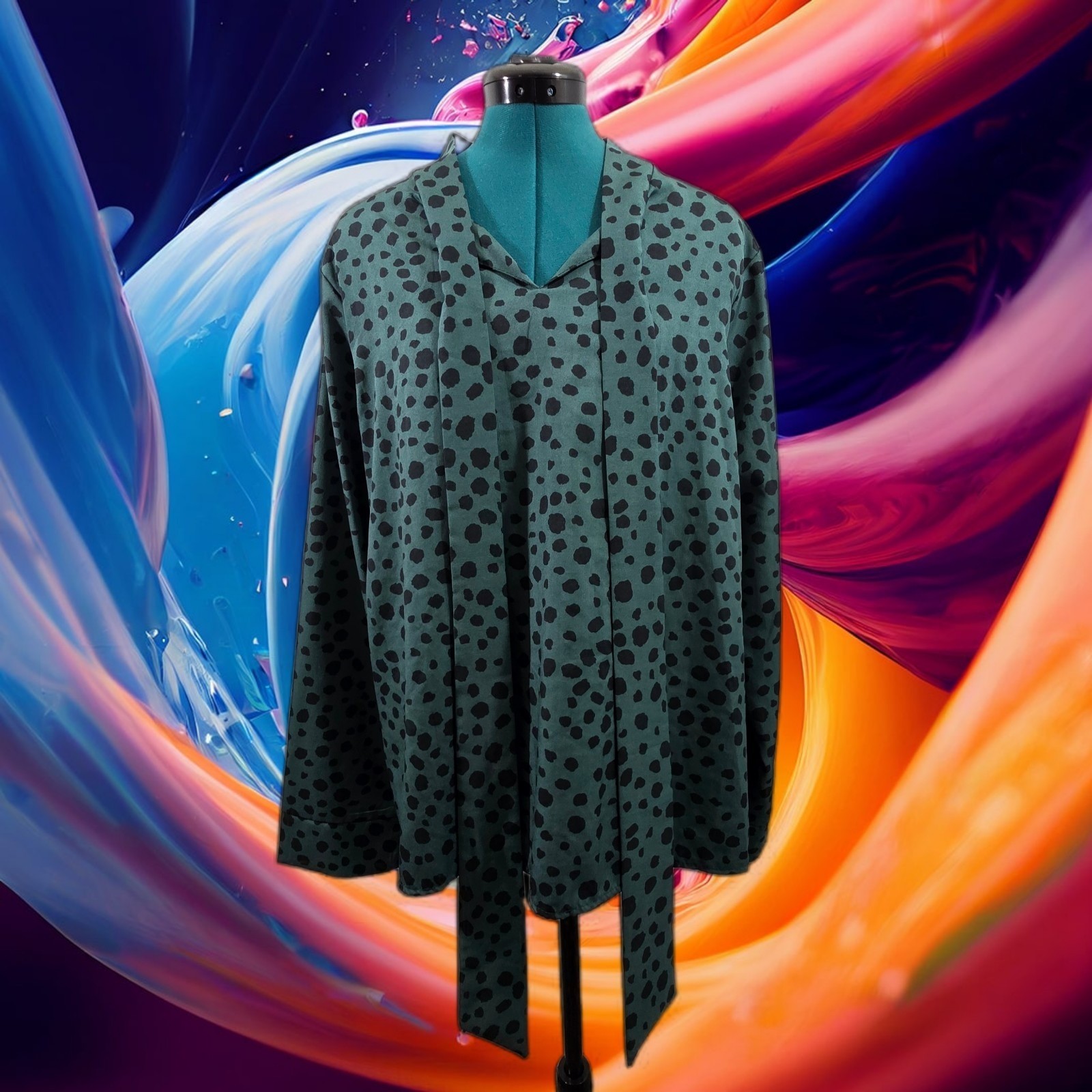 Vintage Women\'s Green/Black Polyester Long Sleeve Blouse w Scarf Size - Large