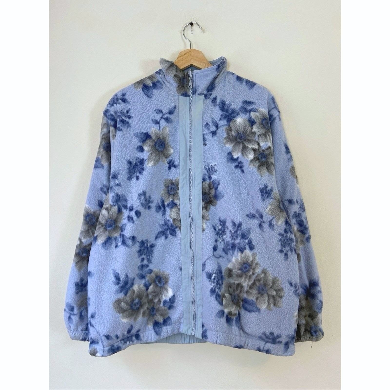 Vintage 90\'s Flower Floral Fleece Zip Up Reversible Blue Light Jacket - Large