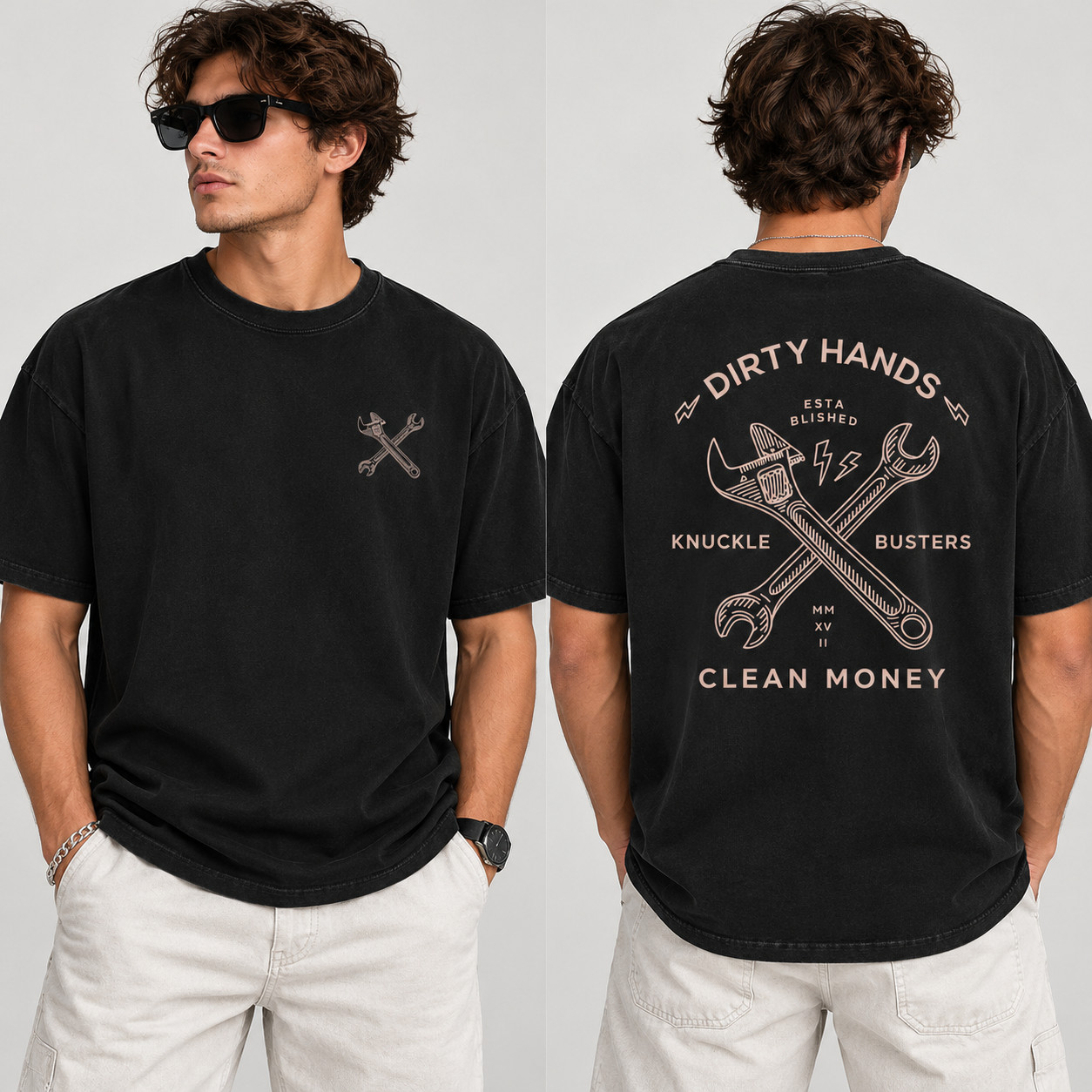 Dirty Hands Clean Money T Shirt Black Crossed Wrenches Vintage Workwear Graphic
