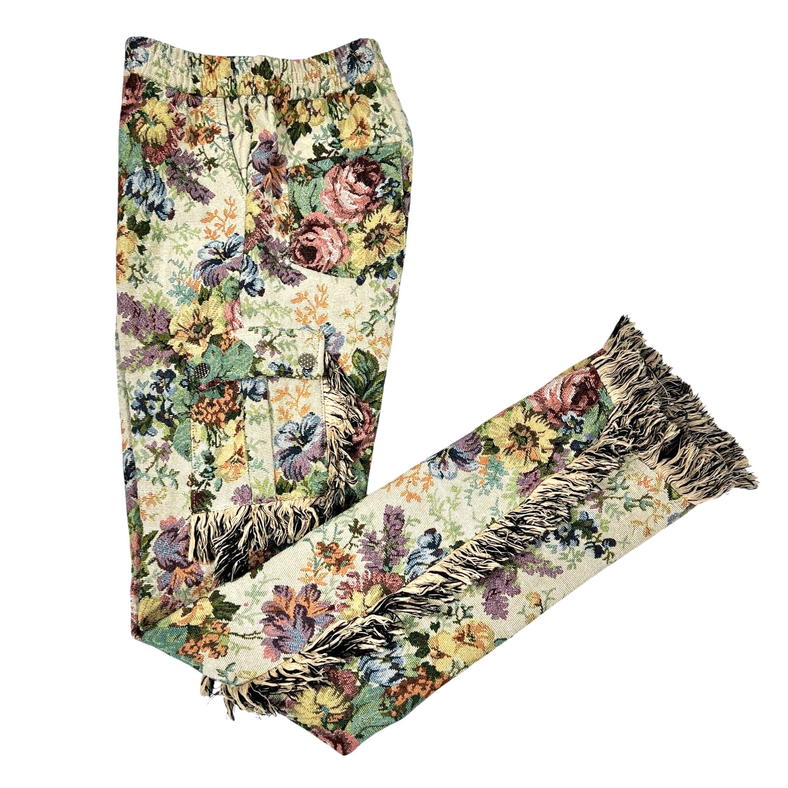 Vintage Guapi Floral Tapestry Mid Rise Frayed Edge Cargo Trouser Pants Size 30