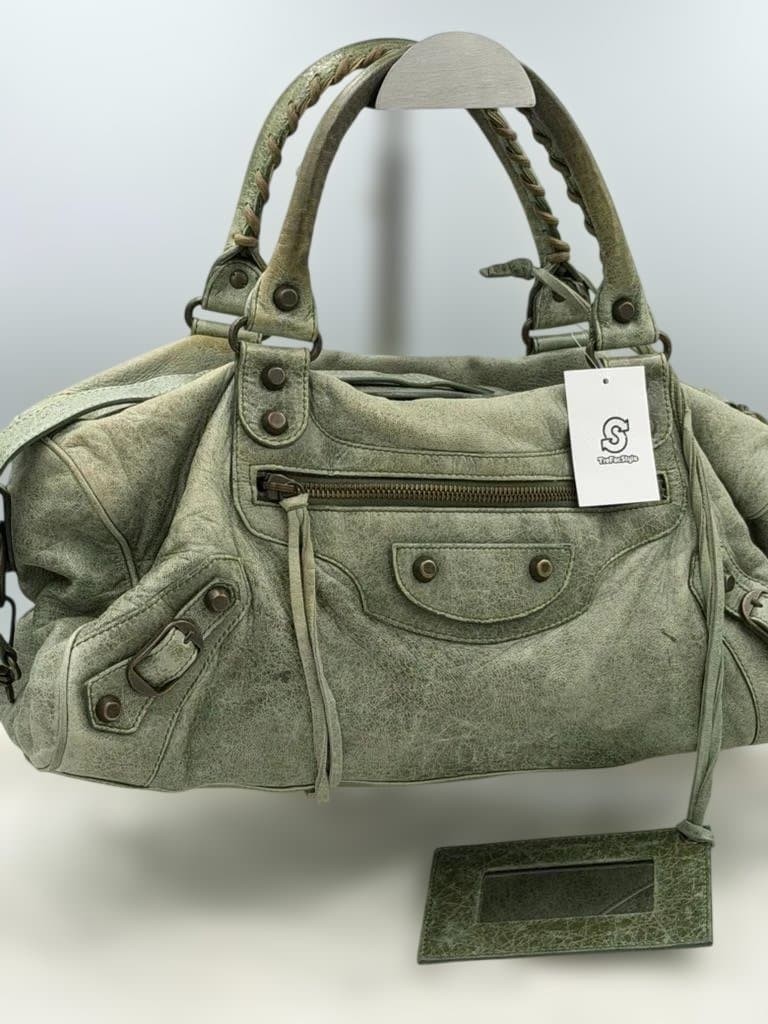 BALENCIAGA Twiggy 2way Shoulder Bag Leather Green 128523 Vintage Y2K Auth