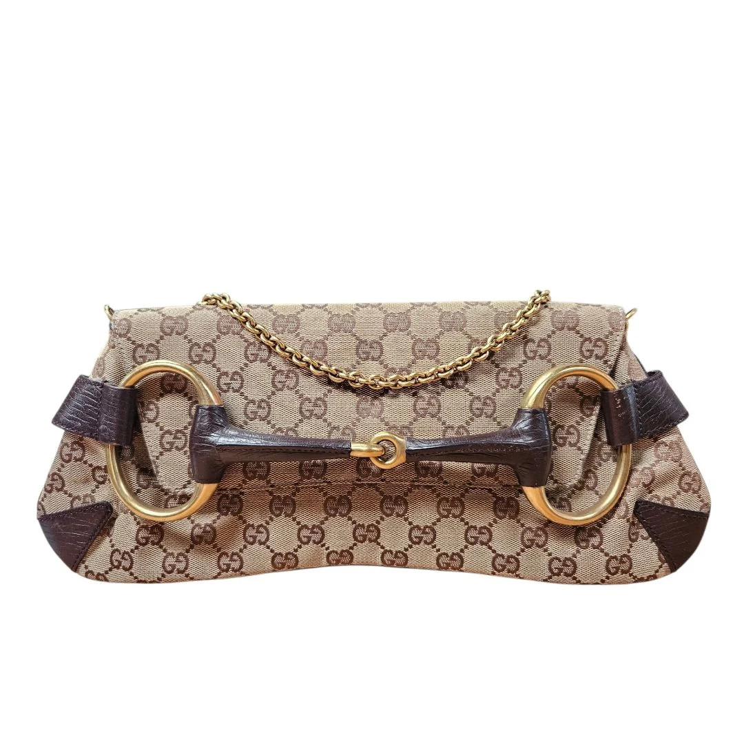 Gucci Horsebit Chain Clutch Brown Beige GG Canvas Gold Hardware Preloved