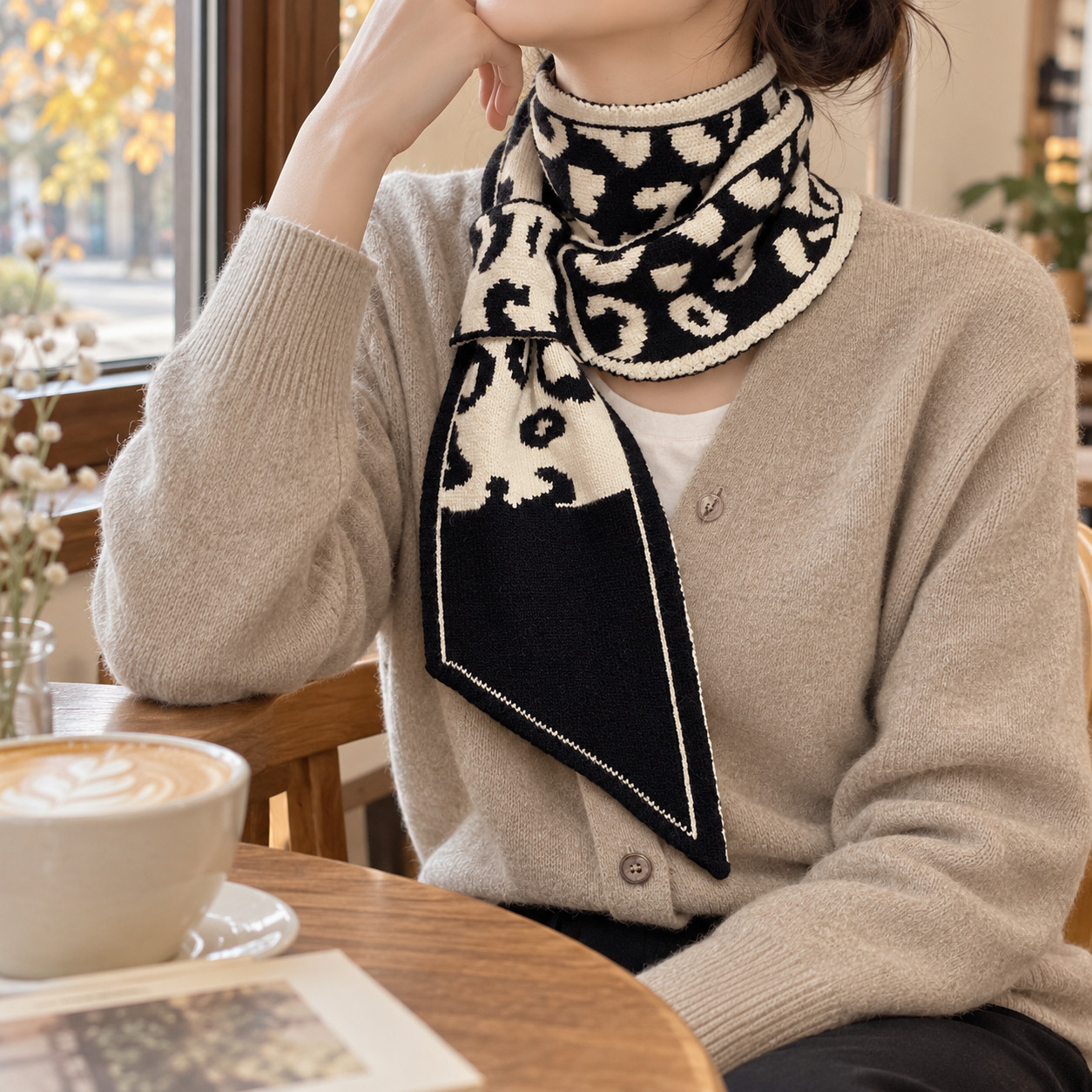 New Black White Abstract Spot Knit Scarf Acrylic Pointed Ends 12x125cm 1PC