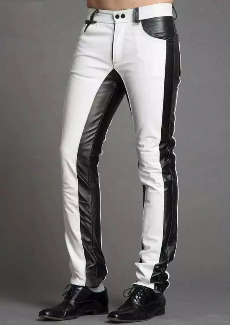 Men\'s Real Leather Bikers 5 Pockets Jeans Pants White & Black Leather Pants
