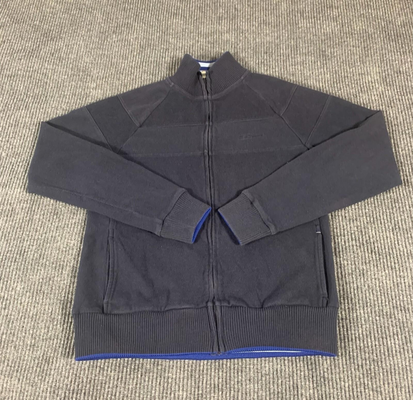 Ben Sherman Sweater Mens Large Blue Full Zip Pockets Embroidered Mock Cotton