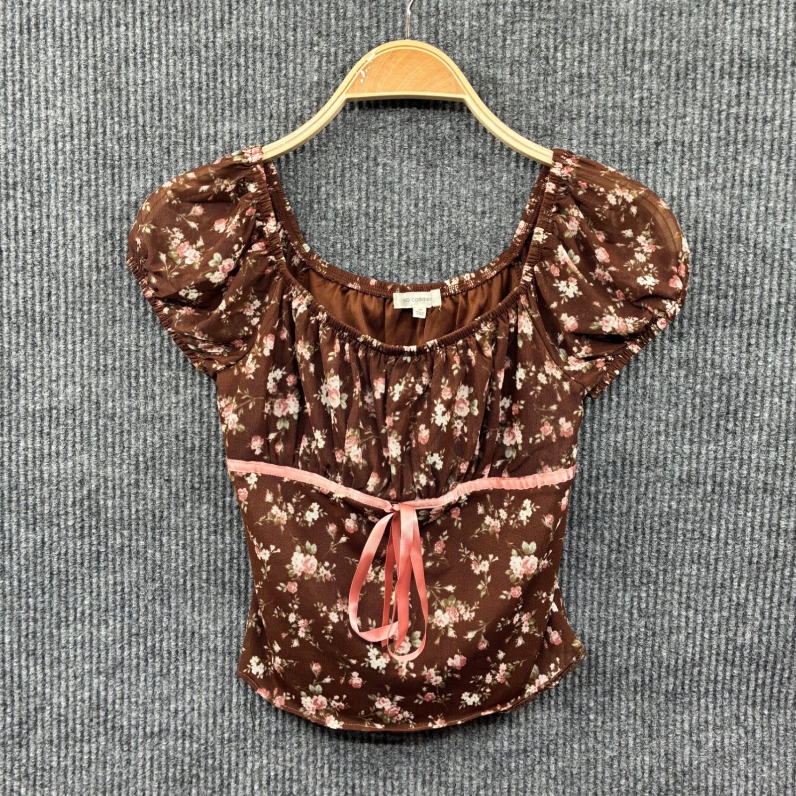 No Comment Women Top M Brown Floral Mesh Empire Waist Ribbon Tie Short Sleeve