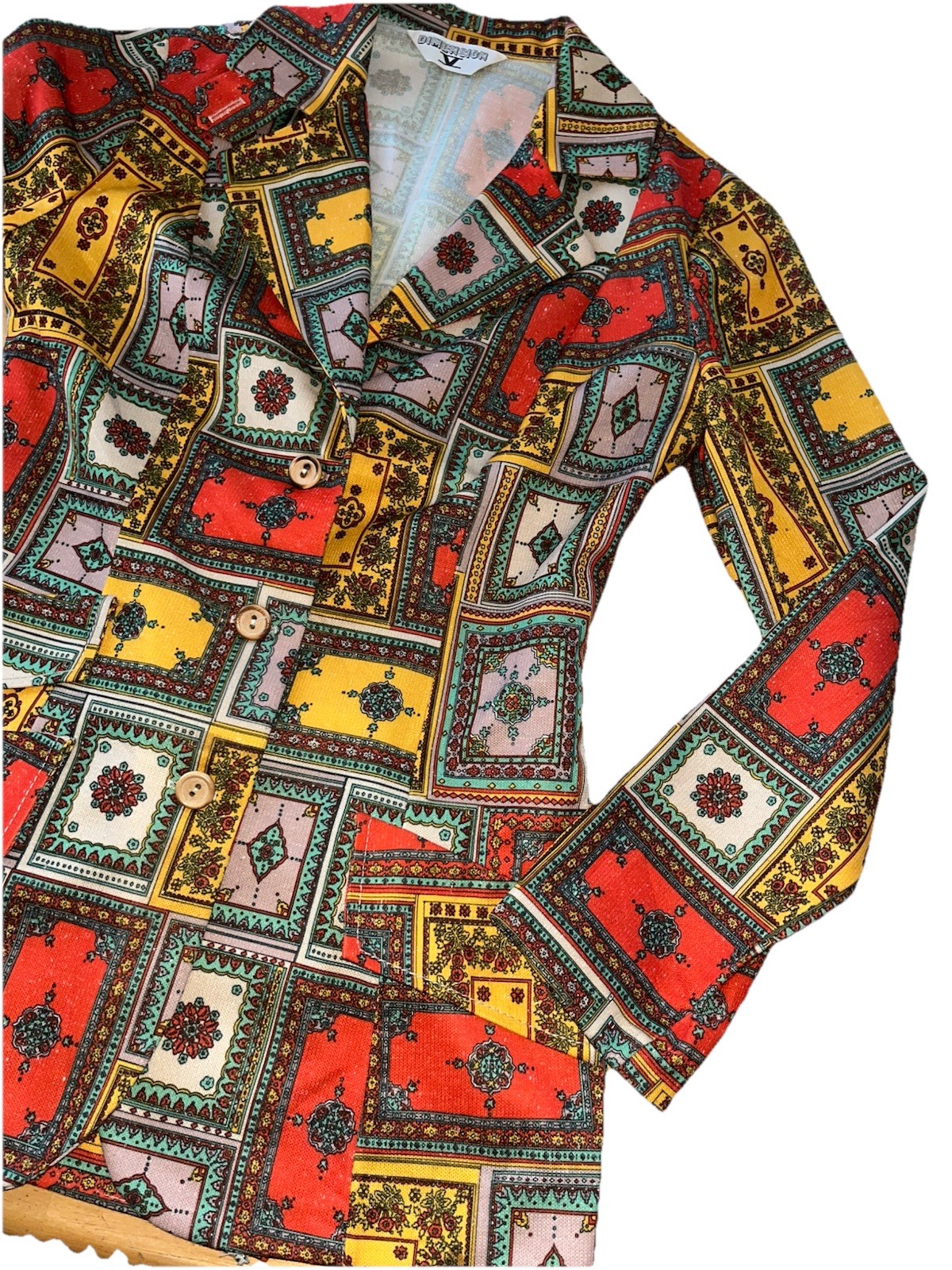 Vtg Fifth DIMENSION V Blazer 1970s Patchwork Persian Rug Disco Dagger Collar-S