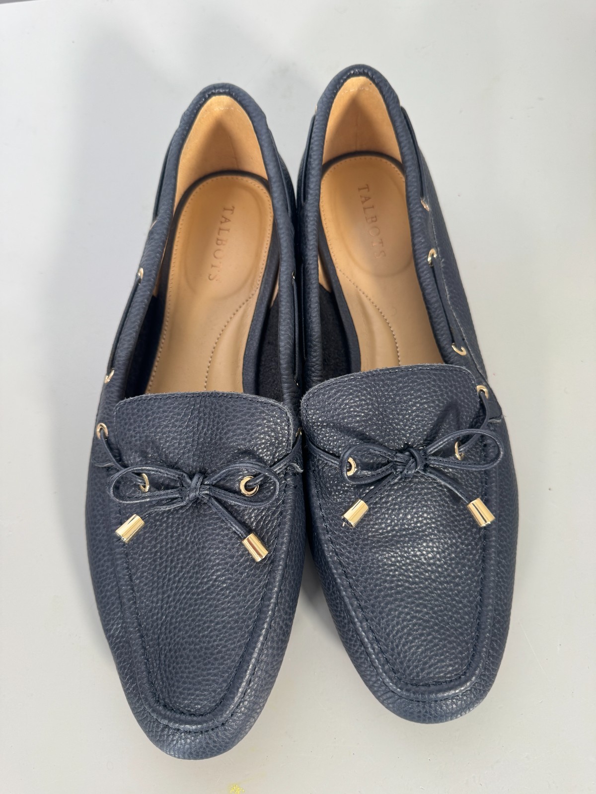 Talbots New Black Leather Loafers Gold Tone Bow Sz 11 M Driving Moccasin Preppy