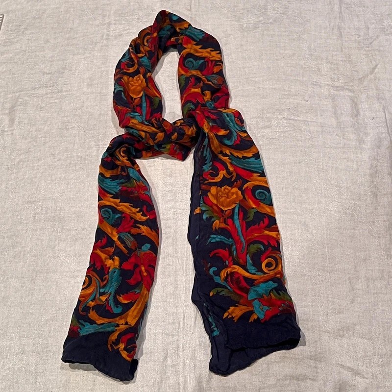Vintage Ginnie Johansen Silk Scarf 1990 Baroque Floral Scroll Made in Japan