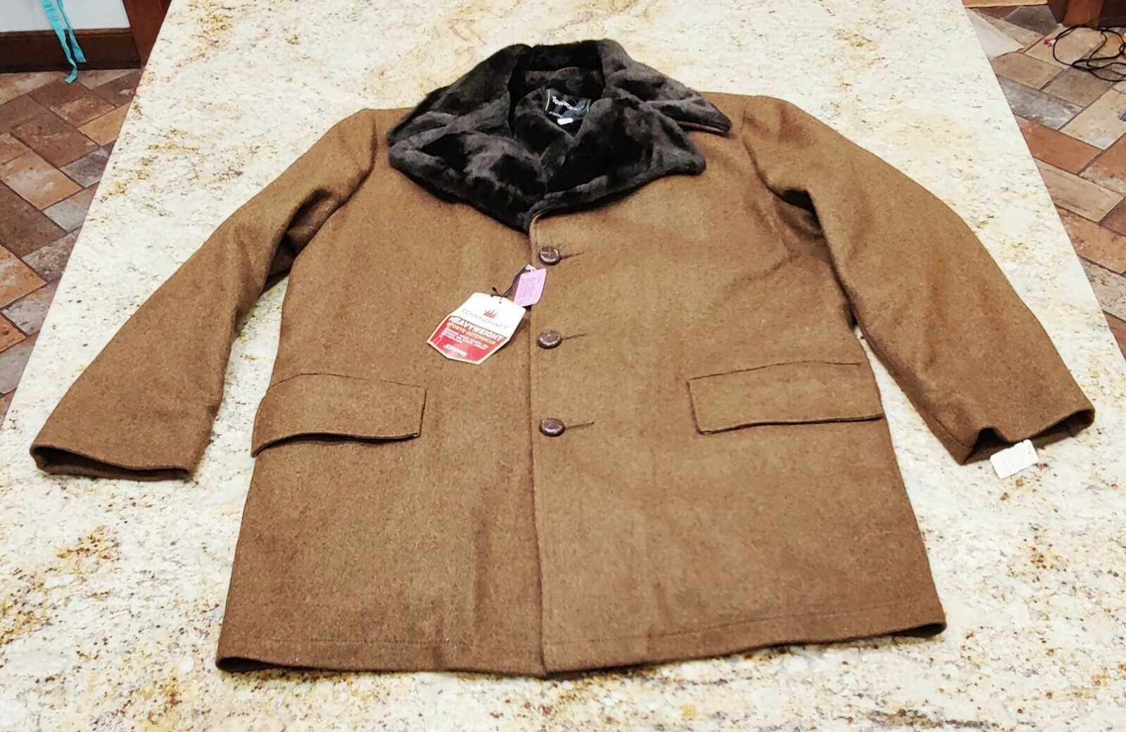 VTG NOS Towncraft JC Penney Wool Faux Fur Collar Brown Coat Jacket Mens 44 NEW 