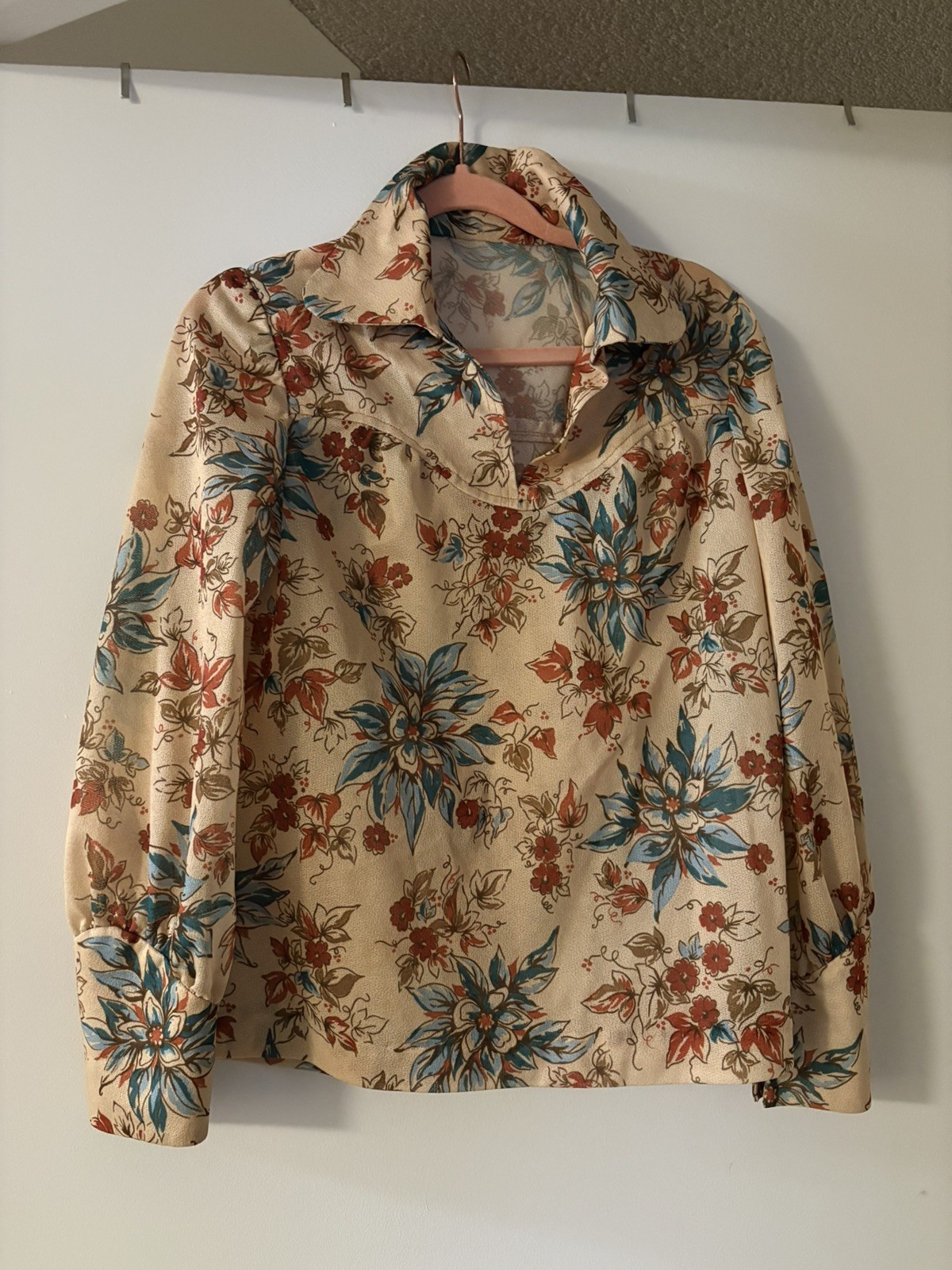 70s Floral Polyester Blouse Puff Sleeve Pointed Collar Vintage Top Size Small