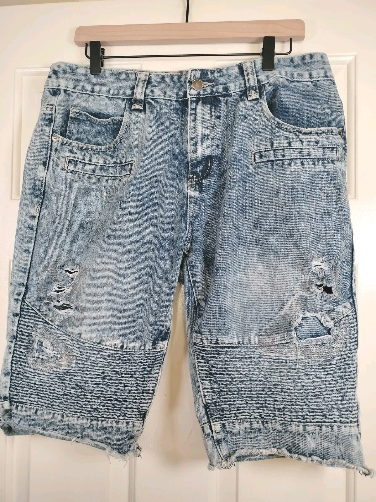 RSVP Black Premium Mens Moto Denim Shorts Blue Acid Wash Distressed Biker Sz 34
