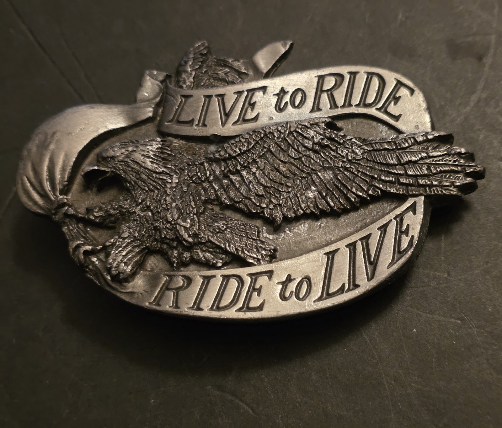 Vtg 1981 Bergamot Brass Works R-37 Eagle Belt Buckle Live To Ride Pewter USA 