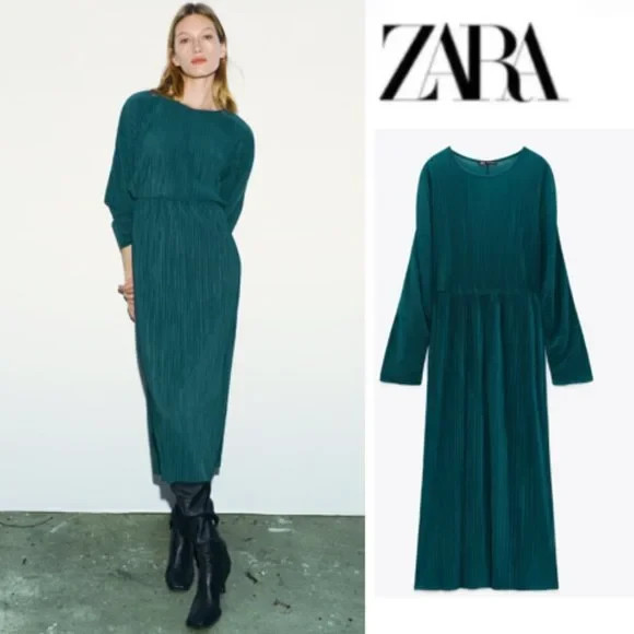 Zara AW21 Long Plisse Pleated Midi Maxi Dress  Greenish Tunic 1165/473 S BLOGGER