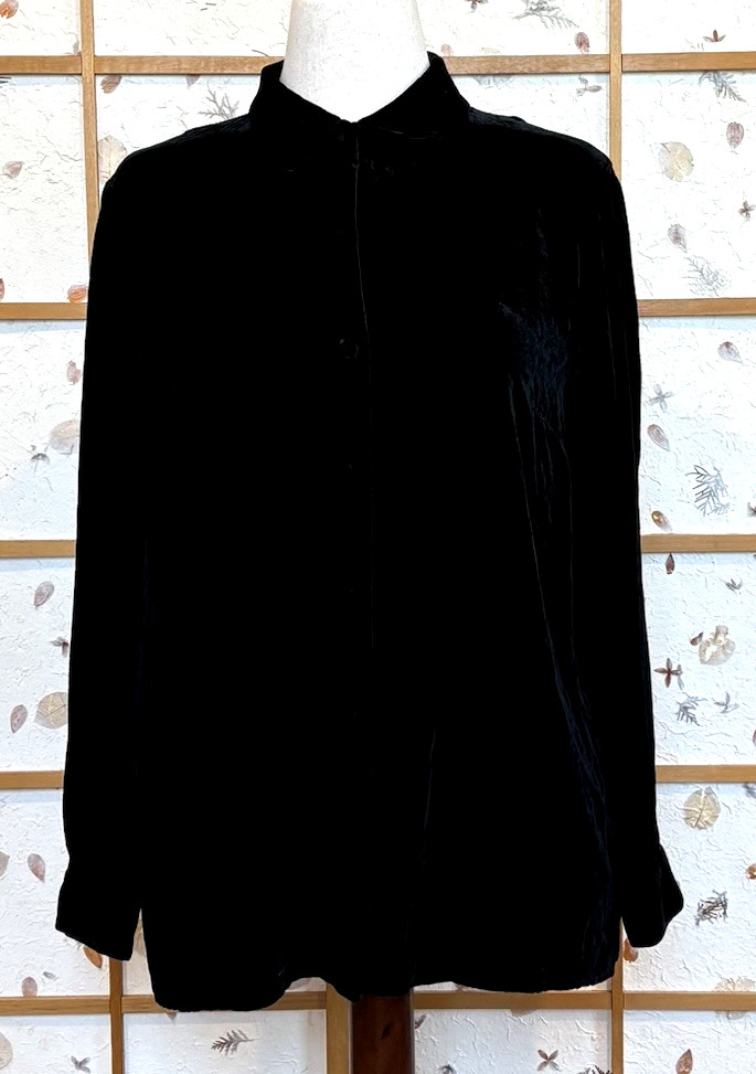 Vintage Ann Taylor Silk Blend Velvet Blouse Size 12 Black Button Front Collared