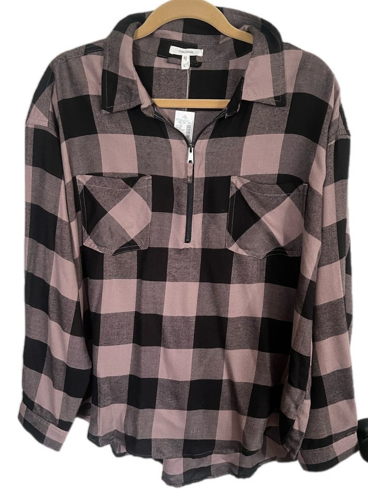 Maurices Plaid Quarter Zip Mauve Pink Black Long Sleeve Shirt Fall Autumn Style