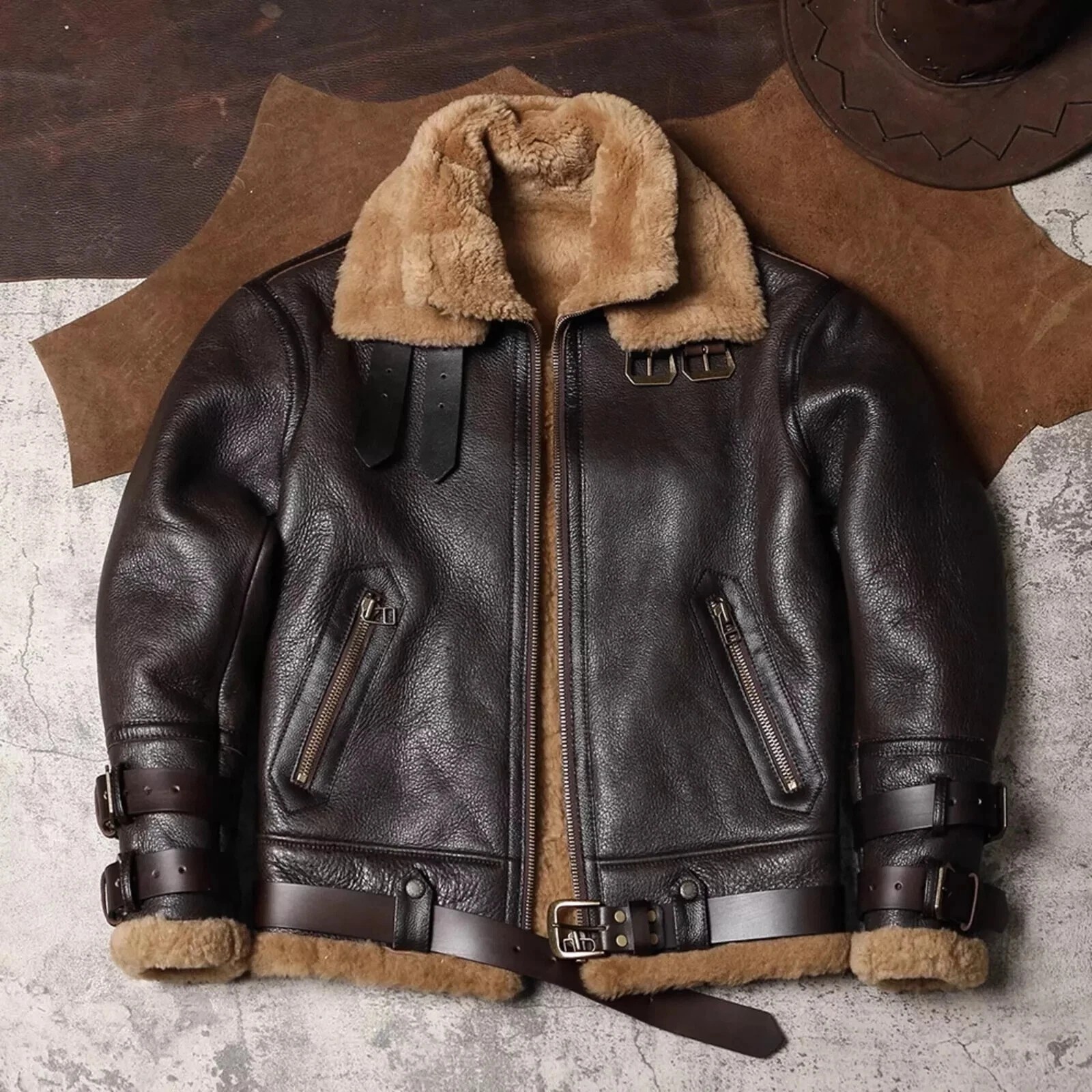 Men\'s B3 RAF Pilot Cozy Faux Fur Coat Genuine Sheepskin Bomber Leather Jacket