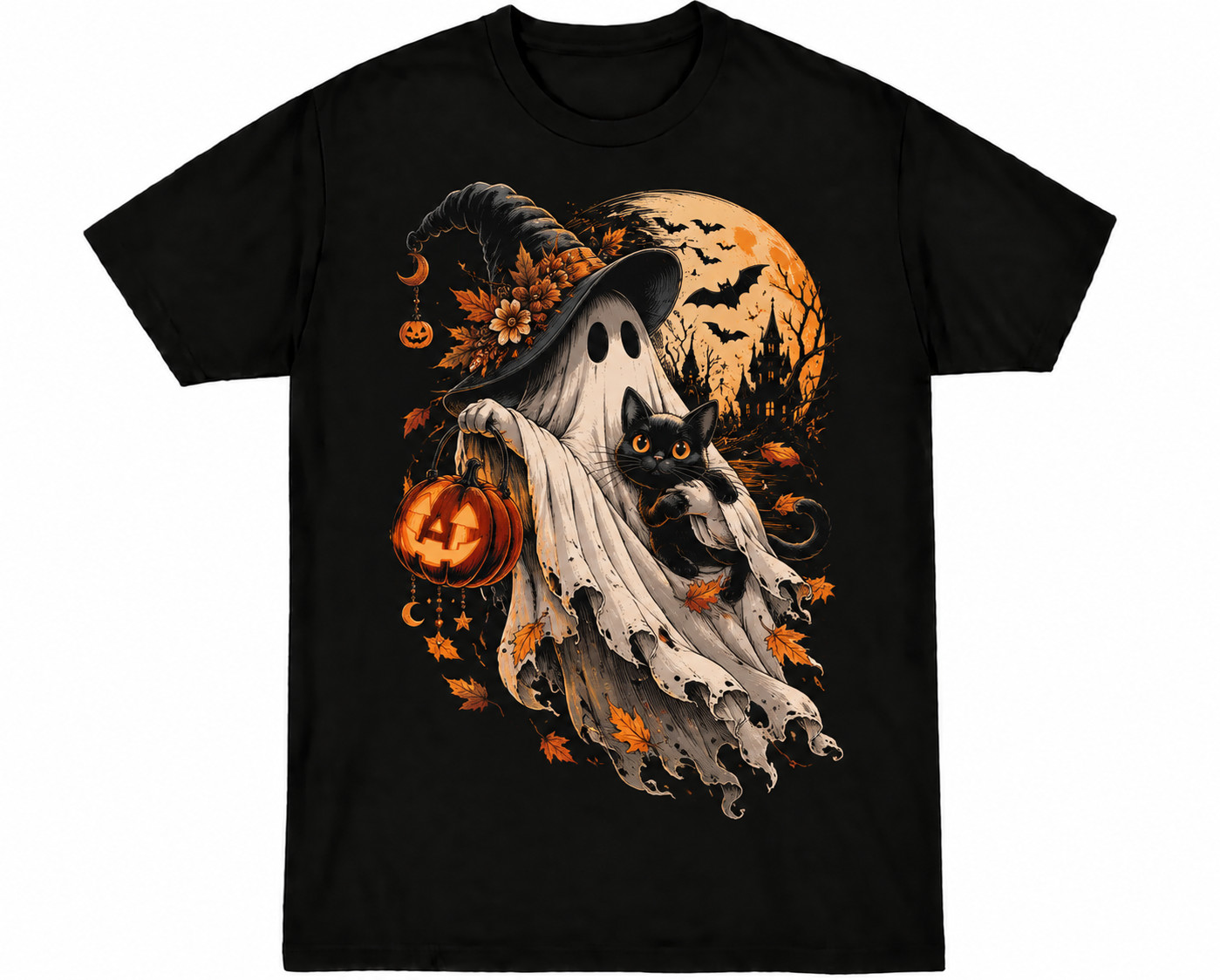 Cute Ghost Black Cat Pumpkin Halloween T-Shirt Men Women Unisex S-5XL