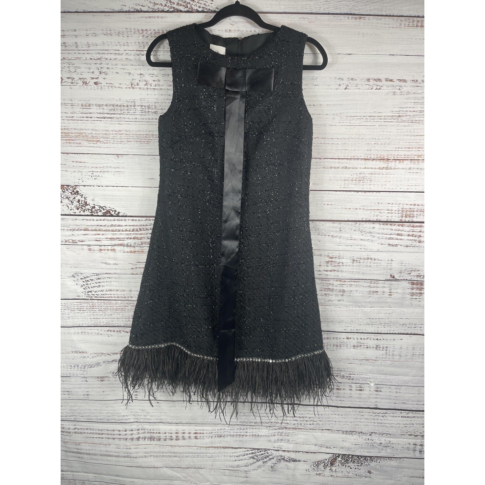 LanTing Bride Dress Women\'s Small Black Sleeveless Tweed Feather Trim Bow Party