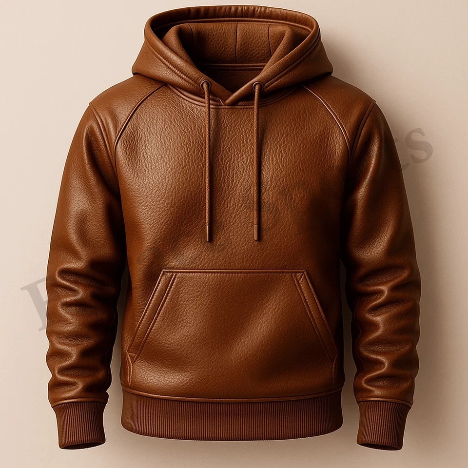 Men\'s Brown Premium Leather Hoodie Handmade Genuine Lambskin Jacket  Flight