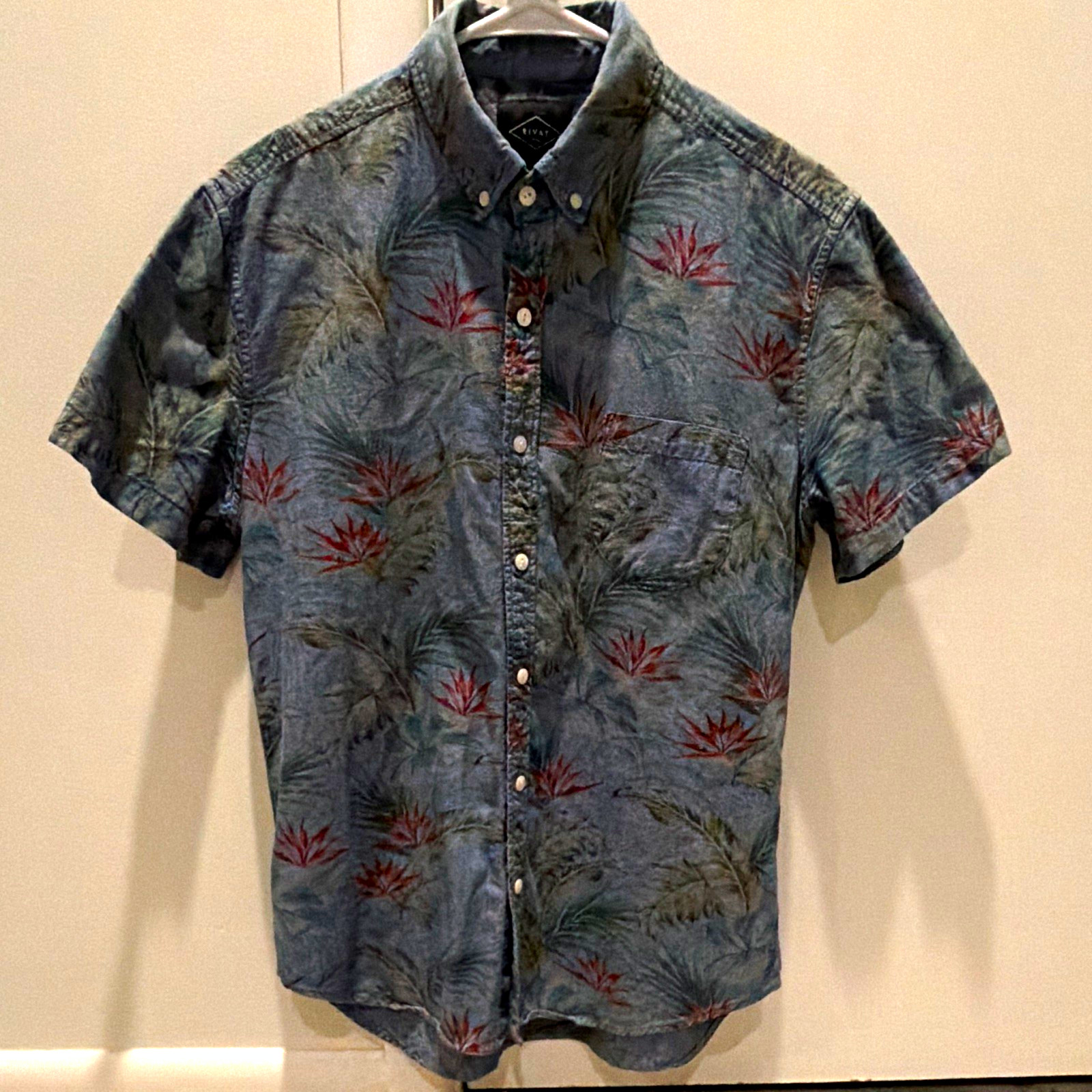 Rivay NYC Men\'s M Button-Down Short Sleeve Printed Floral Chambray Made in USA