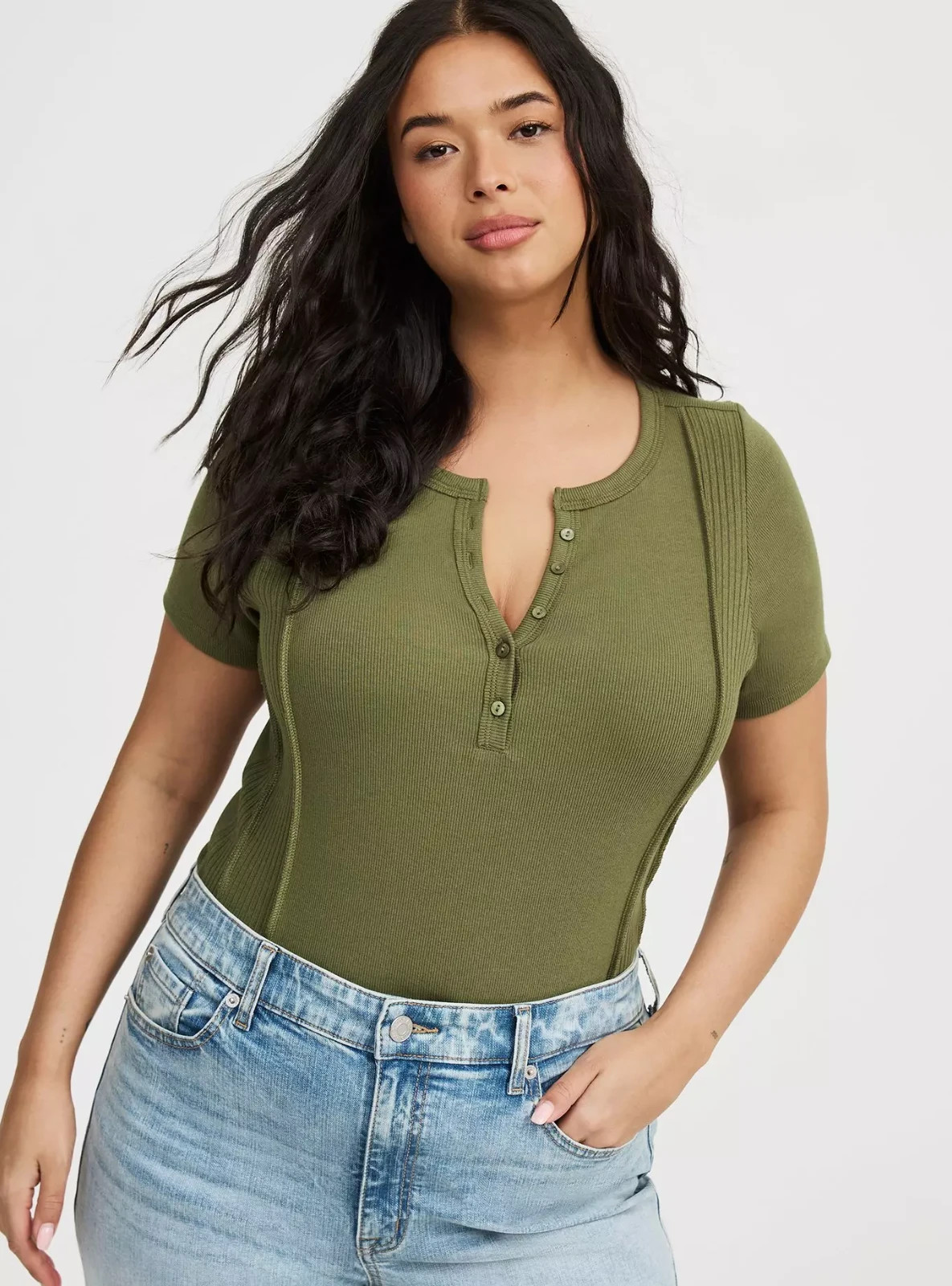 Torrid Plus Size 2X Short Sleeve Rib Knit Paneled Henley Top Olivine NWT