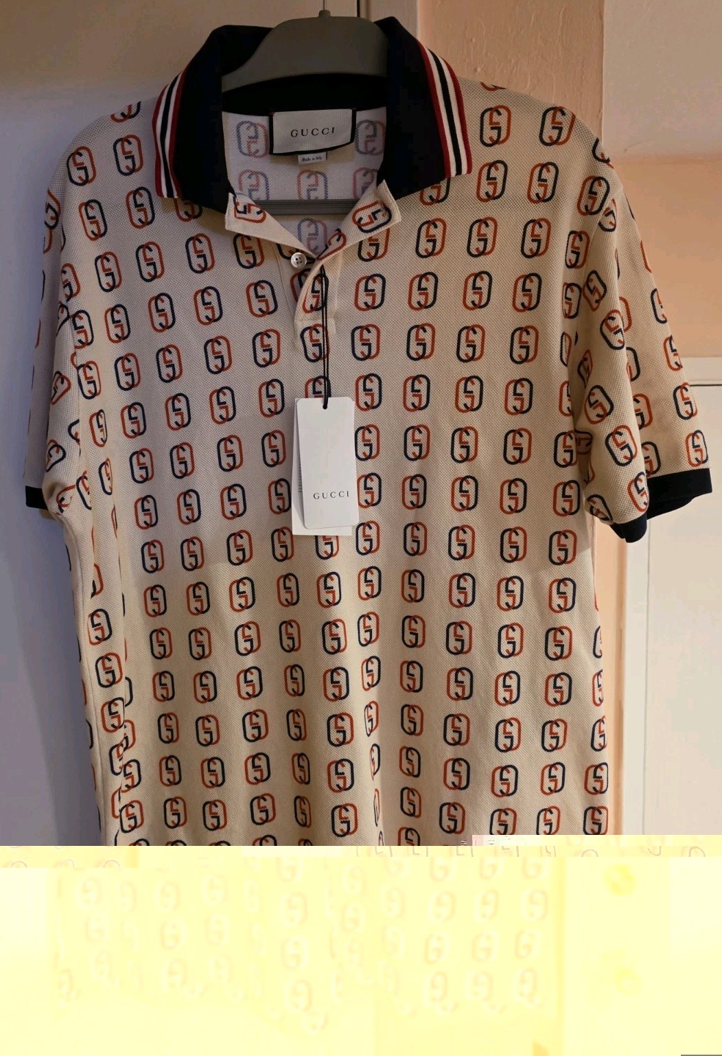 Gucci Men\'s Logo Print Polo Shirt Beig Size M Short Sleeve